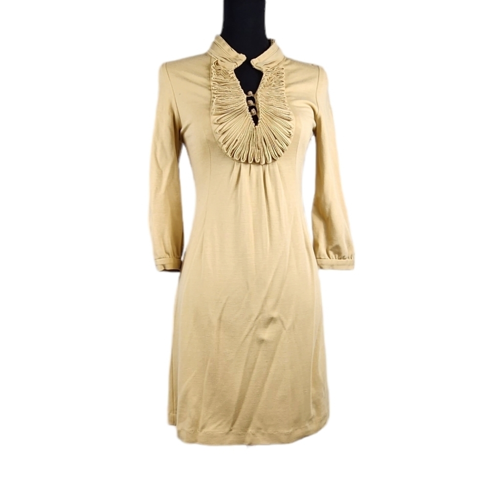 BCBG Maxazria Tan Dress Tribal Style Ruffles 3/2 sleeves Size 2